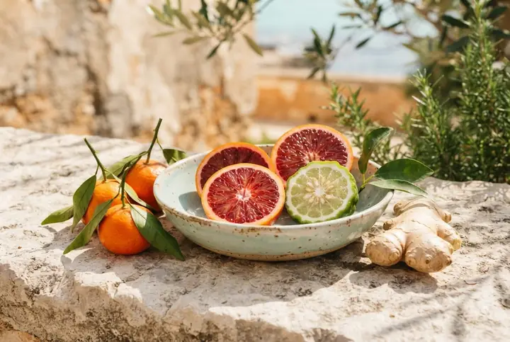 Sliced blood oranges, bergamot, mandarins and fresh ginger root on pale stone in bright light, the citrus notes Louis Vuitton lists for Afternoon Swim