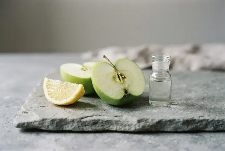 A cut green apple and a wedge of lemon on grey stone beside a plain unlabelled glass vial