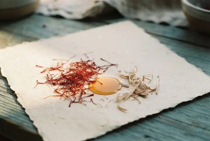 Saffron threads, a drop of amber resin and cedar shavings on a sheet of handmade paper