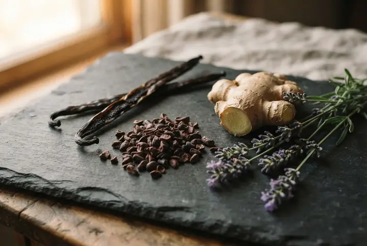 Vanilla pods, lavender sprigs, cacao nibs and fresh ginger root on dark stone, the notes Burberry lists for Goddess