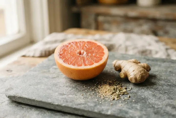 A halved pink grapefruit beside a knob of fresh ginger and a scattering of pale seeds on grey stone
