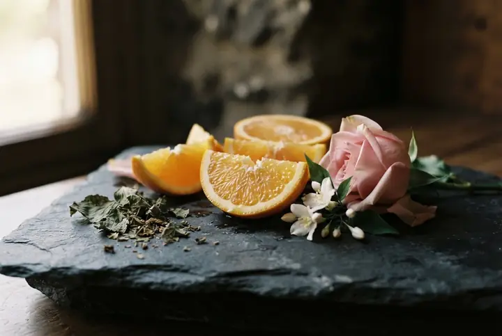 Sliced oranges, a pink rose, sprigs of jasmine and dried patchouli leaves on dark stone, notes Chanel Coco Mademoiselle and its Armaf dupe share