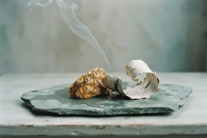 A piece of dried pineapple and a curl of birch bark giving off a thin line of smoke on a slate