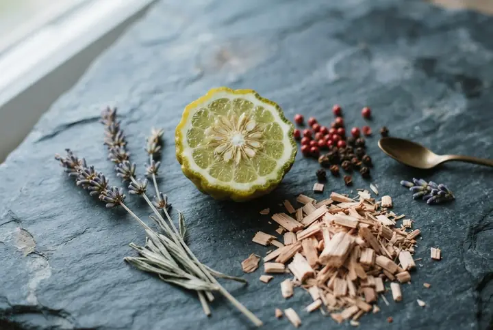 Halved bergamot, pink and Sichuan peppercorns, lavender sprigs and cedar shavings on dark stone, notes Dior Sauvage and its Armaf dupe share