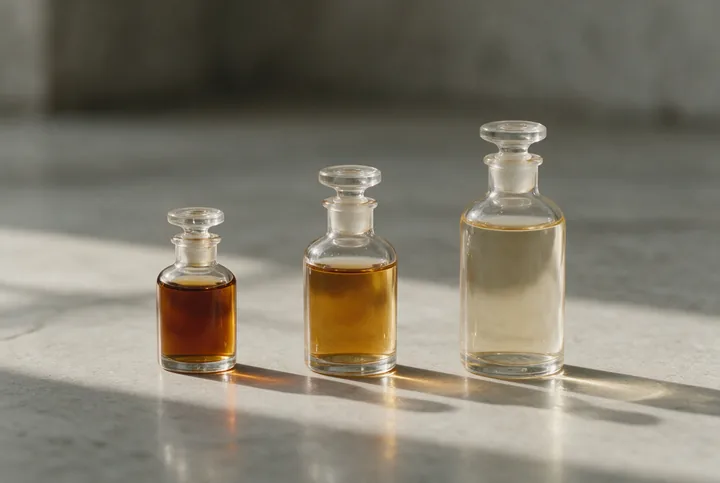 Three unlabelled glass atomisers of increasing size on pale stone, the smallest holding the darkest liquid