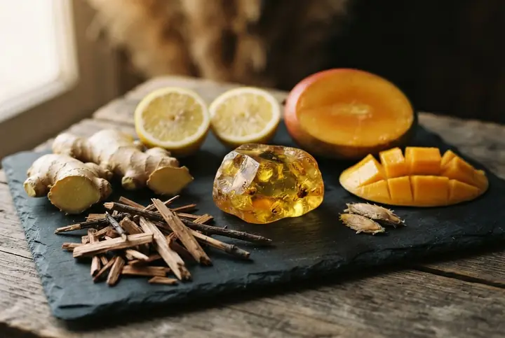Ripe mango, halved lemons and fresh ginger root on dark stone, the notes God of Fire and its Armaf dupe share
