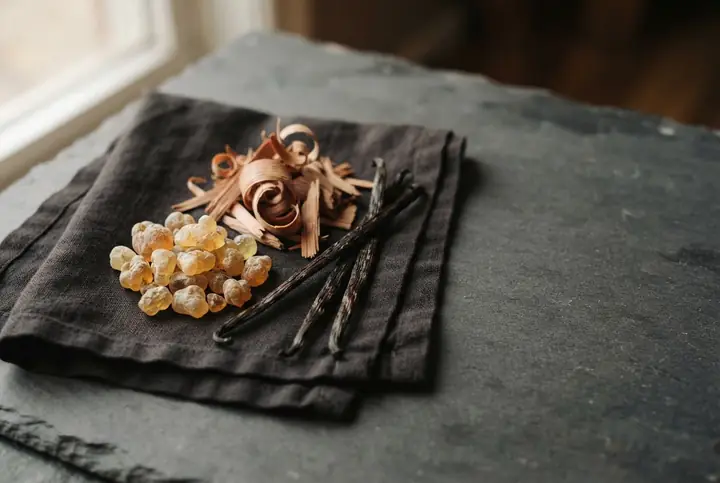 Amber resin, cedar shavings and vanilla pods on folded dark linen, heavy base materials of the kind that outlast a fragrance's opening