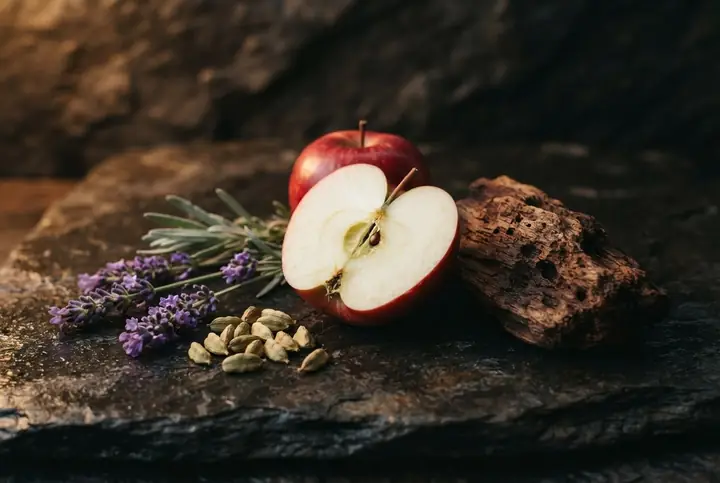 A red apple, lavender sprigs, green cardamom pods and a piece of guaiac wood on dark stone, notes on the Parfums de Marly Layton list