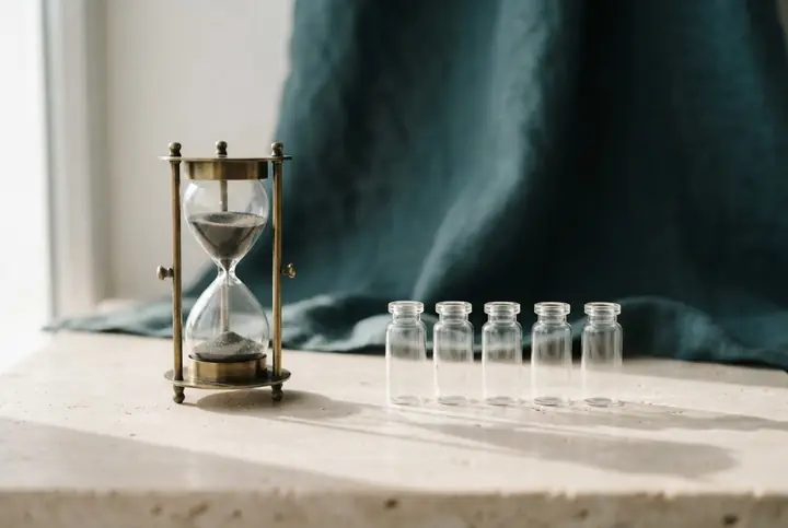 An hourglass with dark sand beside a row of small unlabelled glass vials on a stone surface