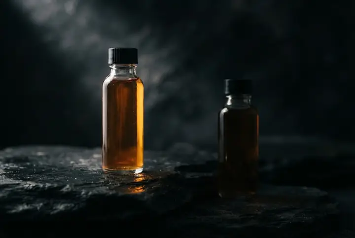 Two unlabelled glass vials of amber liquid at different heights on dark stone, one lit sharply and one in shadow
