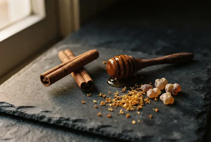 Cinnamon sticks, a wooden honey dipper, dried osmanthus flowers and pieces of amber-coloured resin on dark stone