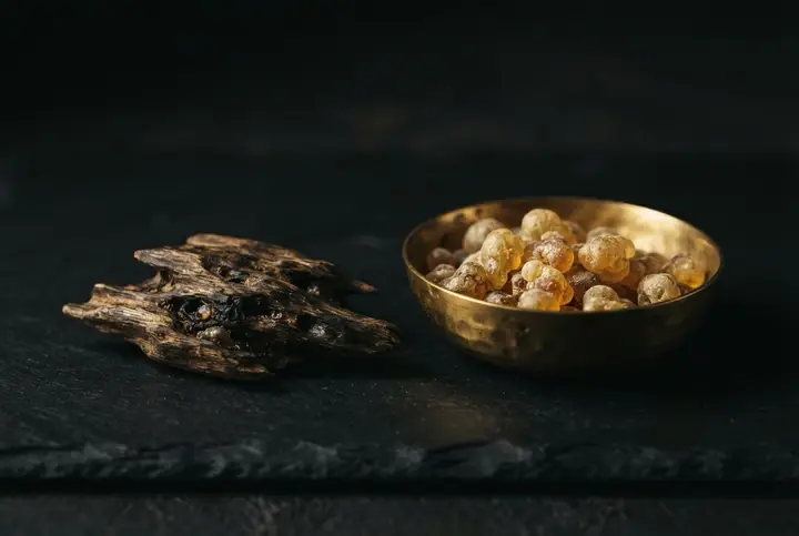 A dark resinous chip of aromatic wood and a brass dish of amber resin on a black textured surface