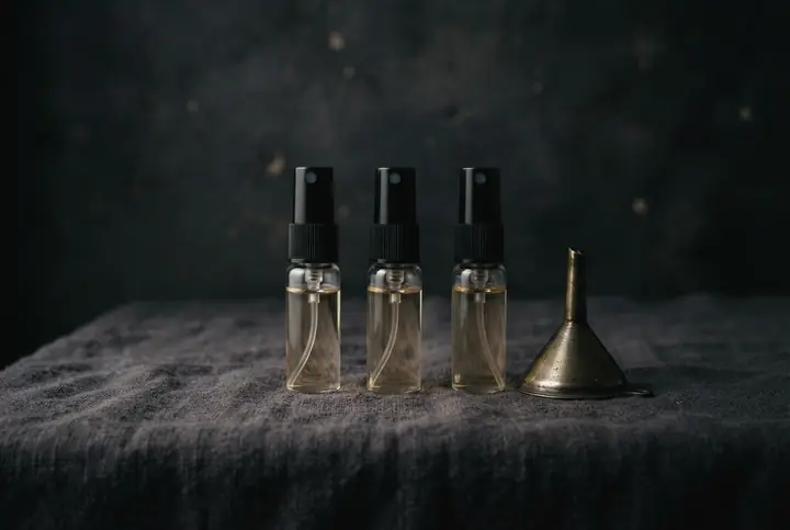 Three small clear glass vials with black atomiser tops beside a funnel on dark linen