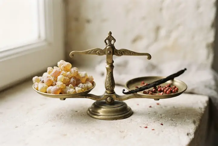 A small brass balance scale weighing amber resin against a vanilla pod on pale stone, a study of what a dupe really saves