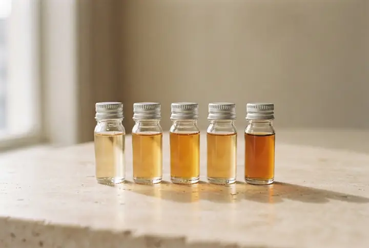 Five small glass sample vials standing in a row on a pale stone surface, each holding a slightly different shade of amber liquid