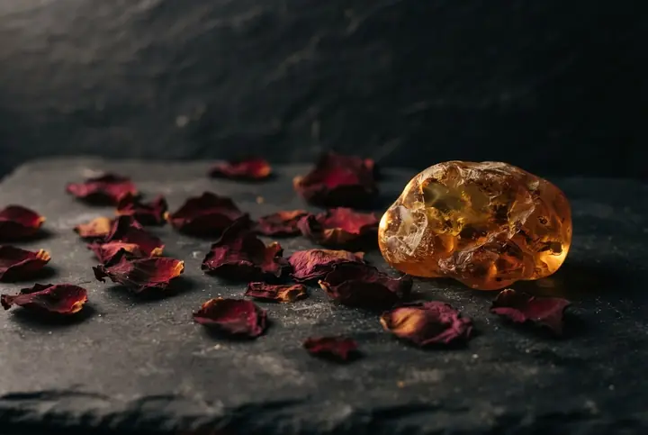 Dried rose petals scattered beside a lump of golden translucent resin on dark stone, low studio light