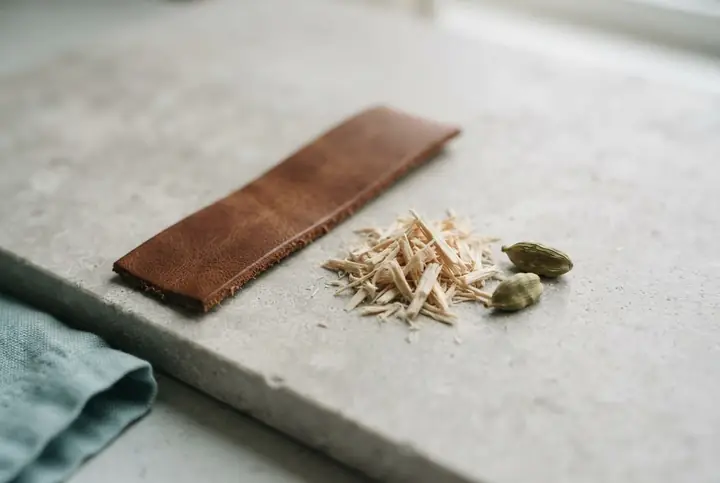A strip of tanned leather beside sandalwood shavings and a cardamom pod on pale stone