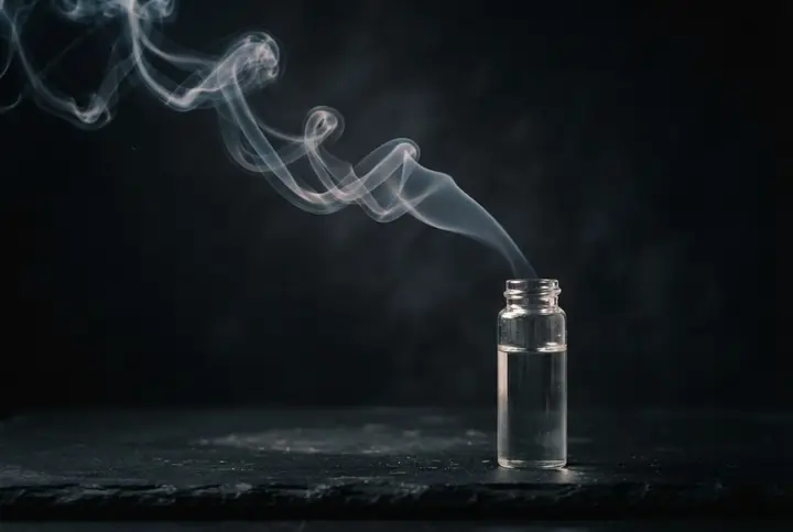 A thin trail of pale smoke drifting across a dark background beside a plain glass vial