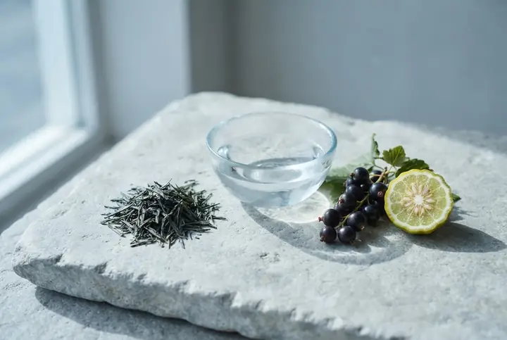 Loose green tea leaves, blackcurrants, a halved bergamot and a small bowl of clear water on pale grey stone, notes on the Silver Mountain Water list