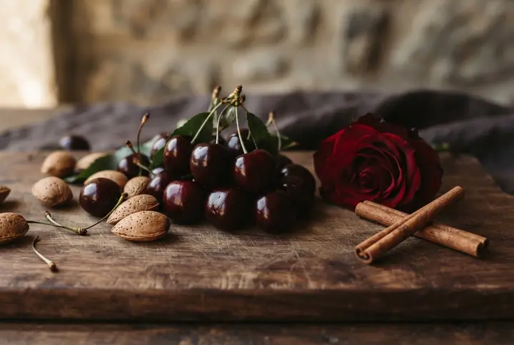 Dark cherries, bitter almonds, a red rose and cinnamon sticks on dark wood, notes on the Tom Ford Lost Cherry list