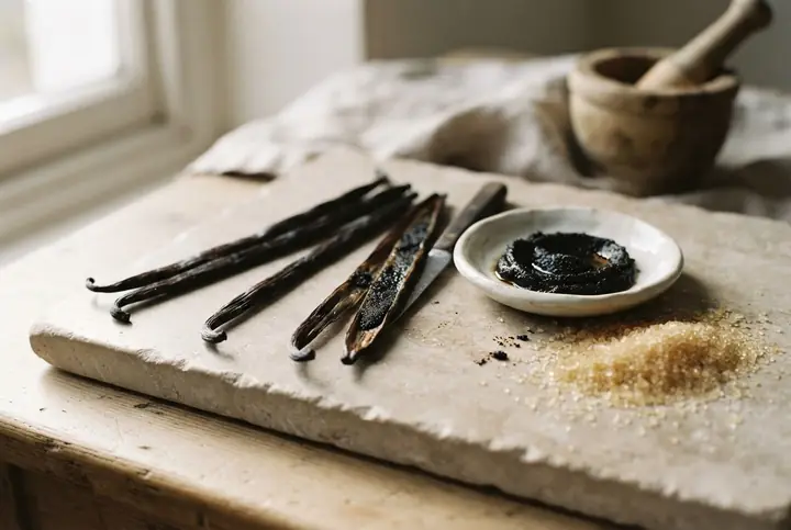 Cured vanilla pods, one split open, on a pale stone slab beside a small dish of vanilla seed paste and scattered raw sugar