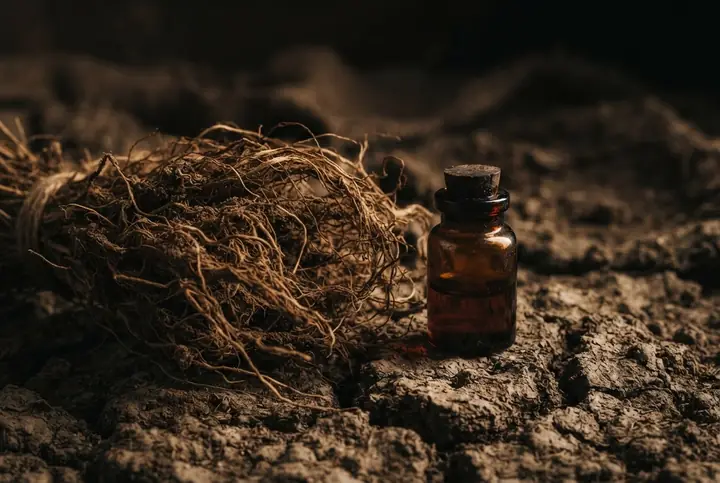 A bundle of dried fibrous grass roots and a small dark vial resting on cracked dry earth