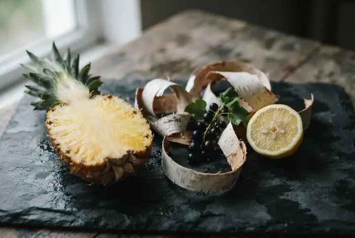 Fresh pineapple, strips of birch bark, blackcurrants and a halved lemon on dark stone, notes linked to the best-known Club de Nuit bottle