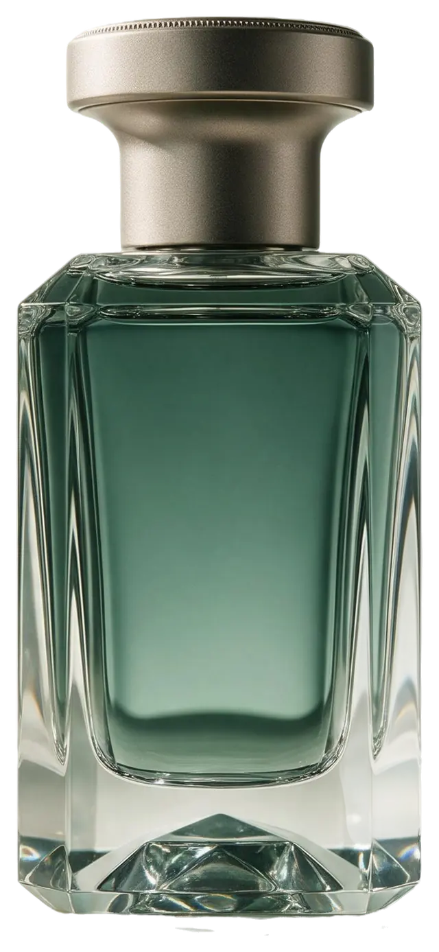 A faceted crystal perfume bottle with a deep teal fragrance inside.