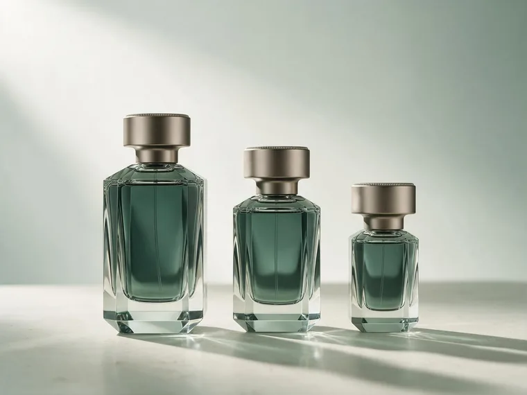 Three identical faceted crystal perfume bottles in descending sizes, standing in a row