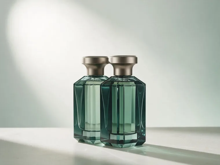 Two faceted crystal perfume bottles standing close together, one slightly in front of the other, in two shades of teal